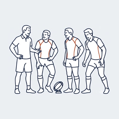グラウンドでコーチが選手たちにキックを指導しているイラスト