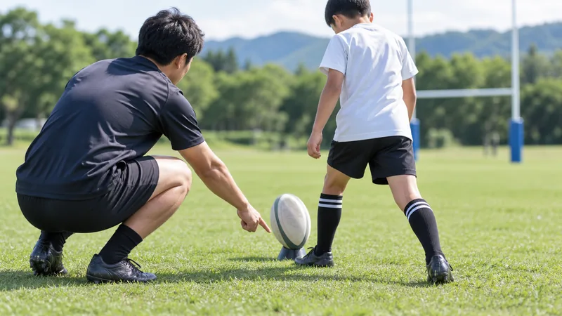 グラウンドで子どもの軸足を指さしてアドバイスする大人